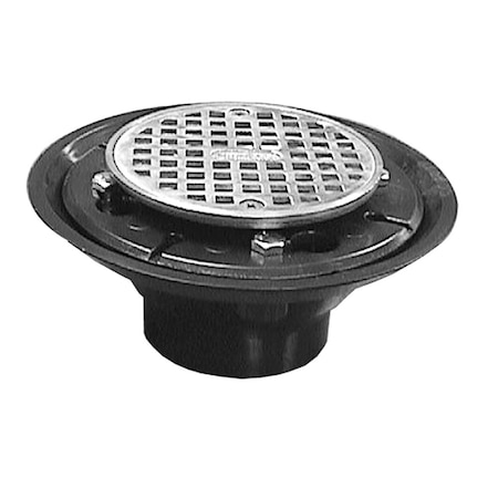 Jones Stephens 2in. x 3in. ABS Shower Drain with 2in. Brass Spud and 4in. Round Stainless Steel Strainer D50401